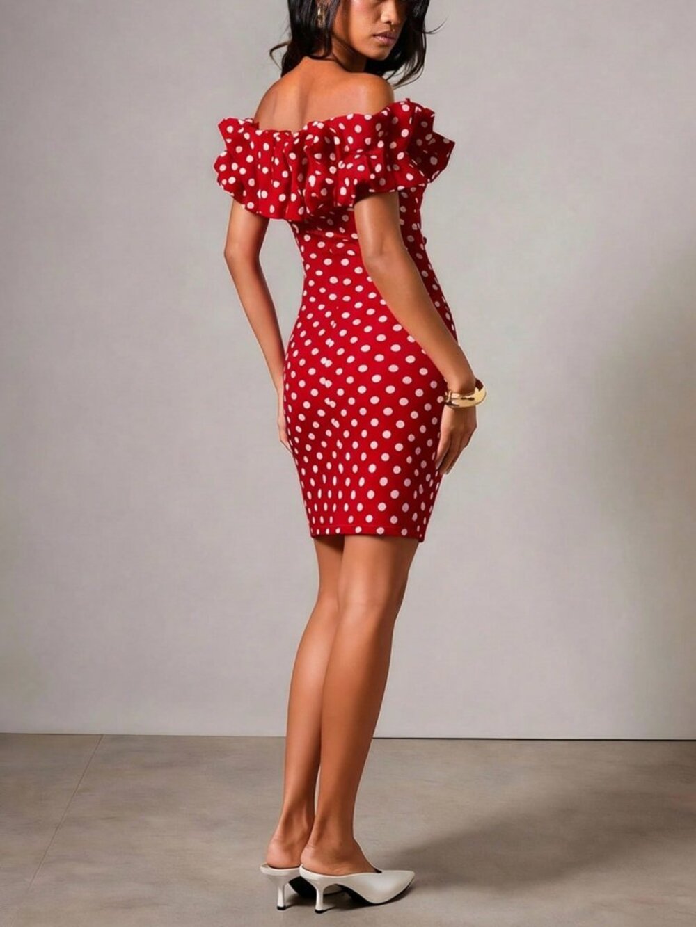 Red Elegant Women's Polka Dot print ruffled Off-Shoulder Mini Dress - Picture 2 of 6